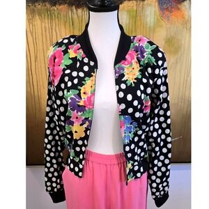 VTG Cotton Tree Jacket Womens Medium Black Floral Polka Dot Bolero Jacket